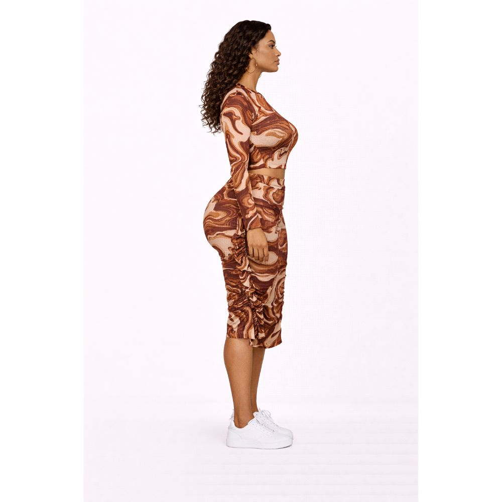 Brown Marble Print Two Piece Skirt Set with Ruffle Detail